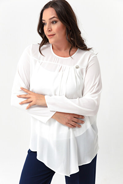 Lafaba Γυναικεία Μπλούζα White Crew Neck Plus Size