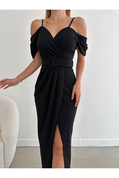 modakyra Rochie de seară din țesătură creponată importată, neagră, cu detaliu pe umeri, cu centură în față