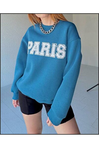 estilowear سويت شيرت نسائي كبير الحجم مطبوع عليه باريس أزرق منتصف الليل وبرتق...