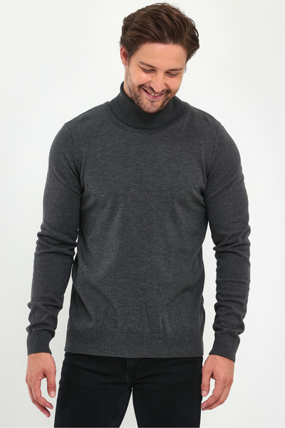 Lafaba Ανδρικό πουλόβερ με ζιβάγκο από ανθρακί Basic πλεκτό