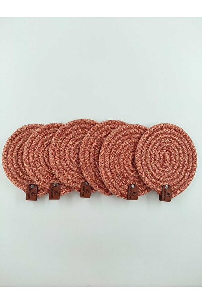 REYGON TEKSTİL قواعد أكواب مستديرة مزخرفة من الجوت بلون أحمر من الخيزران