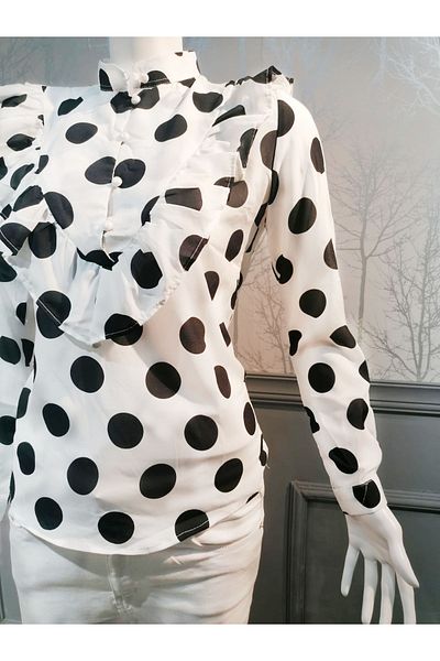 TREND Ruffle Collar Flounce Polka Dot Shirt - BLACK AND WHITE