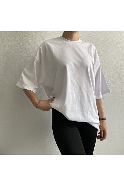 EM ES PLUS Beyaz Basic Düz Baskısız Oversize Salas Boyfriend Kadın T-shirt