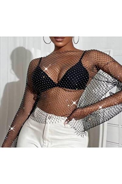 MundoDeButiq Long Sleeve Shiny Big Stones Special Production Fishnet Crop Pareo
