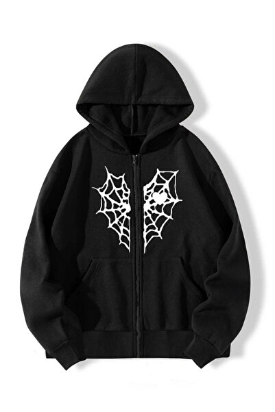 modaberry سترة صوفية بسحاب على شكل قلب عنكبوت - سترة شتوية مطبوعة سوداء كبيرة...