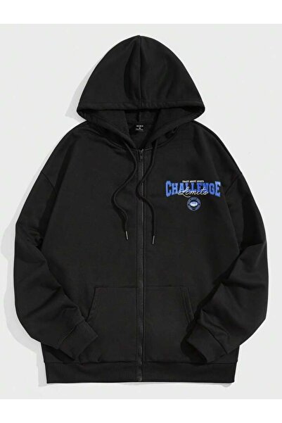 modaberry سترة تشالنج بسحاب - سترة شتوية بجيب كبير مطبوع باللون الأسود