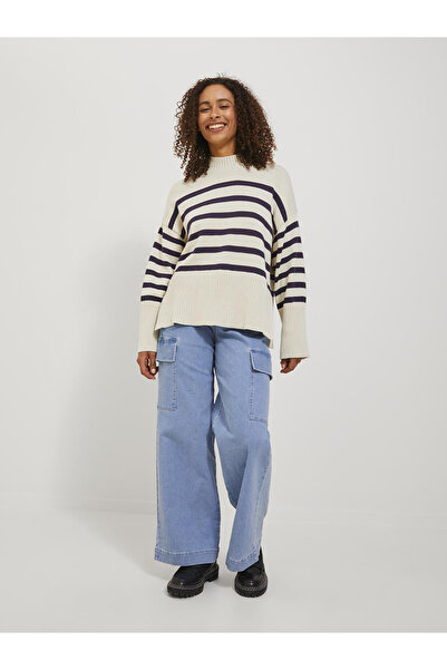 JJXX Bisiklet Yaka Bol Kesim Çizgili Kırık Beyaz Kazak Kadın JXSIA HIGH NECK ...