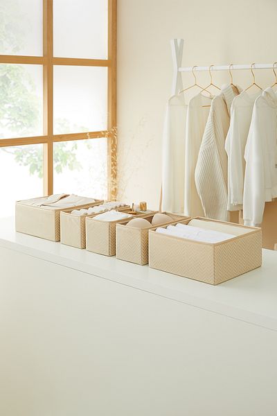 Ocean Home Textile Σετ 6 τεμαχίων Μπεζ συρταριέρα Organizer πλυντηρίου Παιδικό δωμάτιο Πτυσσόμενο κουτί αποθήκευσης Organizer