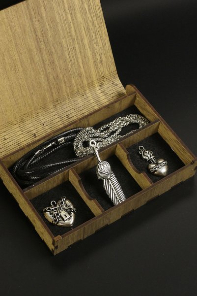 Dukkanka Chain And Sword Heart, Feather Necklace Set with Wooden Special Gift Box