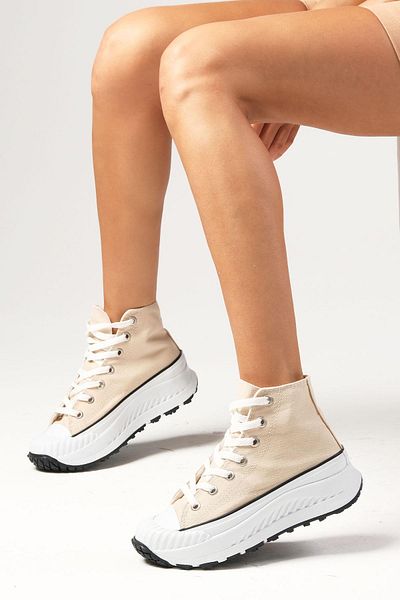 Mio Gusto Bendis Beige Color Linen Thick Sole High Top Casual Women's Sneakers
