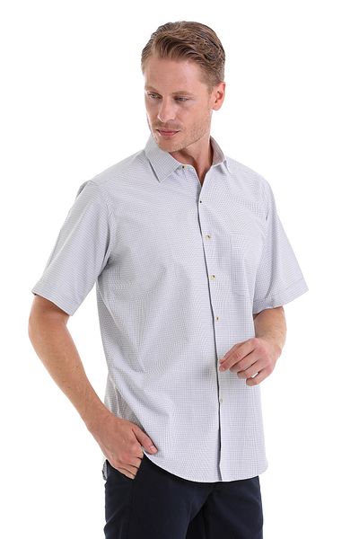 Hatemoğlu Beige Classic Fit Checkered Cotton Slim Collar Short Sleeve Classic Shirt