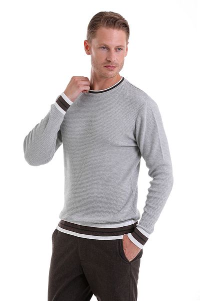 Hatemoğlu Gray Comfort Fit Plain Cotton Crew Neck Casual Knitwear Sweater