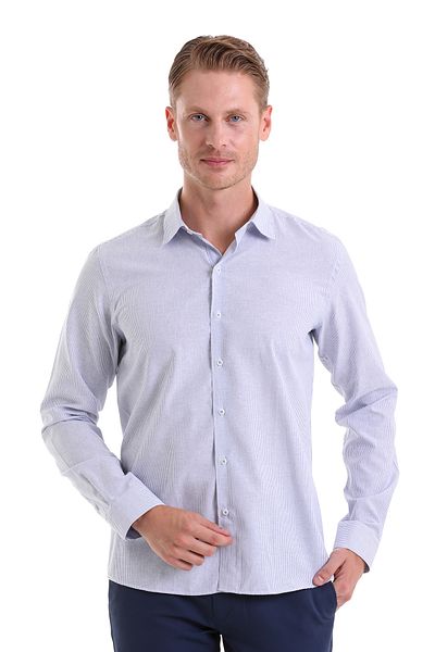 Hatemoğlu Μπλε Navy Comfort Fit ριγέ βαμβακερό μακρυμάνικο πουκάμισο με λεπτή λαιμόκοψη