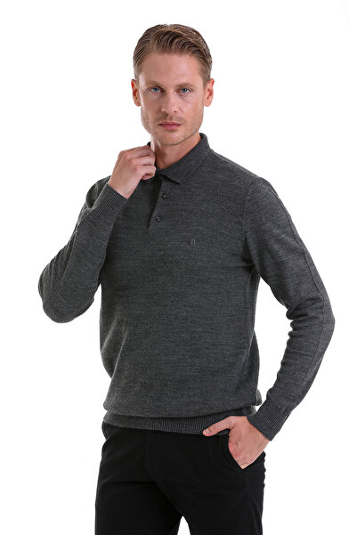 Hatemoğlu Antrasit Regular Fit Düz Polo Yaka Triko Kazak