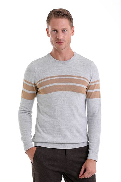 Hatemoğlu Γκρι Comfort Fit Απλό μάλλινο πλεκτό πουλόβερ με λαιμόκοψη