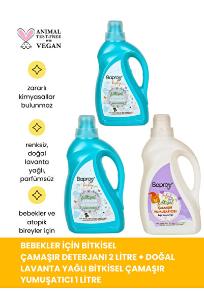 Baproy Bebekler Için Bitkisel Çamaşır Deterjanı 2 Lt+bitkisel Çamaşır Yumuşatıcısı Doğal Lavanta Yağlı 1 Lt