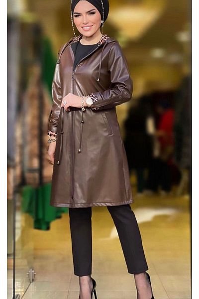 Pamuk Butik Дамско кожено яке с качулка и джоб