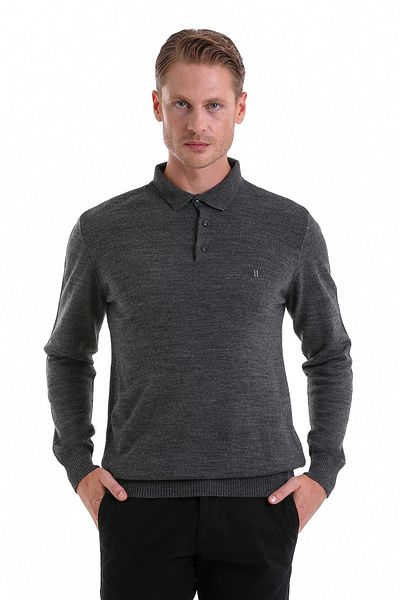 Hatemoğlu Anthracite Regular Fit Plain Polo Collar Knitwear Sweater