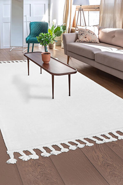 LİNOS HOME Beyaz Fluffy Örgü Saçaklı Post Peluş Halı Antibakteriyel Kaymaz Ta...