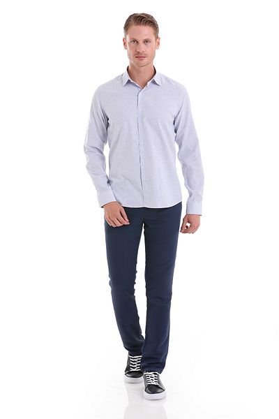 Hatemoğlu Μπλε Navy Comfort Fit ριγέ βαμβακερό μακρυμάνικο πουκάμισο με λεπτή λαιμόκοψη