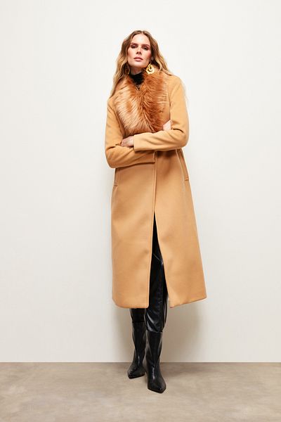 Sateen Long Coat with Fur Collar - CAMEL