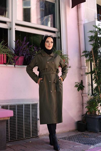 Pamuk Butik Γυναικεία καμπαρντίνα με ζώνη και τσέπες Χακί