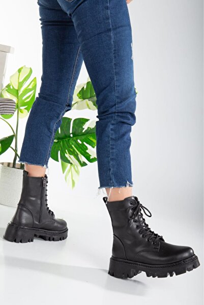 Pinkada Siyah Kalin Taban Bağcıklı Fermuarlı Postal Bot&bootie