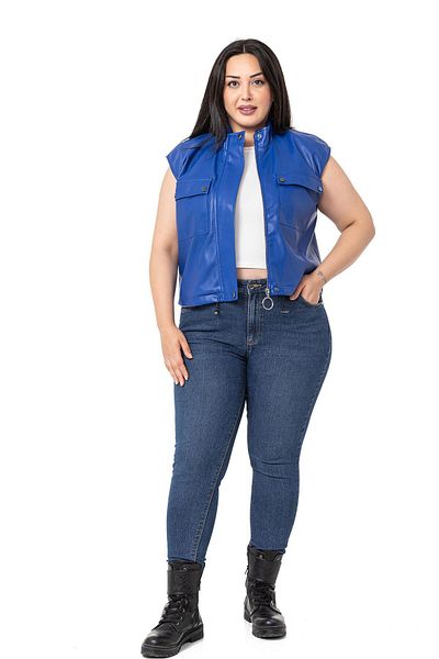 DISENTIS MODEST Large Size Leather Short Saks Blue Vest with Drawstring Detail and Pockets