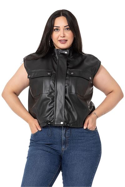 DISENTIS MODEST Large Size Leather Short Black Vest with Drawstring Detail and Pockets