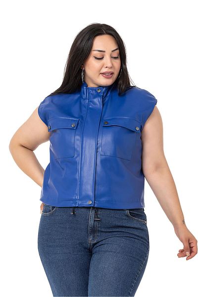 DISENTIS MODEST Large Size Leather Short Saks Blue Vest with Drawstring Detail and Pockets