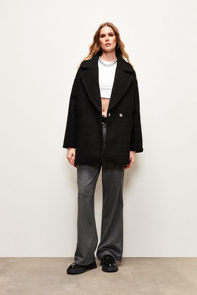 Sateen Wide Pocket Boucle Coat - BLACK