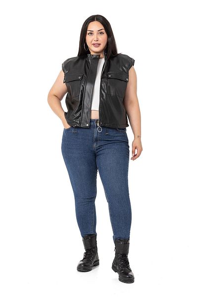 DISENTIS MODEST Large Size Leather Short Black Vest with Drawstring Detail and Pockets