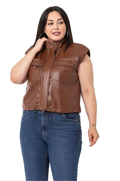 DISENTIS MODEST Large Size Leather Short Brown Vest with Drawstring Detail and Pockets