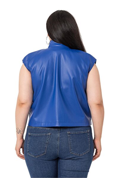 DISENTIS MODEST Large Size Leather Short Saks Blue Vest with Drawstring Detail and Pockets