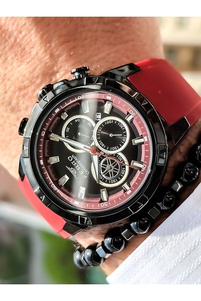 FERRO Brand Red Color, Silicone Band, Sports Wristwatch with Calendar + Bracelet