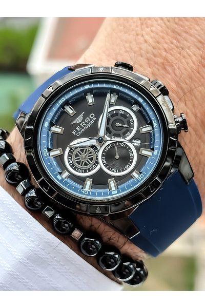 FERRO Brand Blue Color, Silicone Band, Sports Wristwatch with Calendar + Bracelet