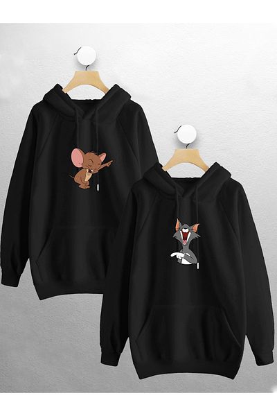Jobia Outdoors Women Men Tom and Jerry Laughter Printed Lover Couple Combination Design Hooded Sweatshirt 2-Piece Set