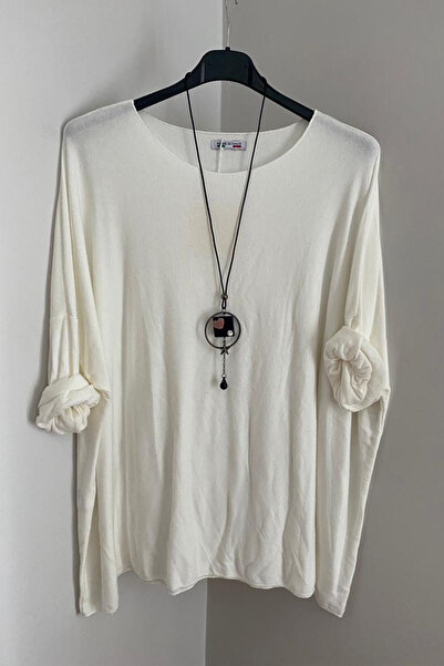 AYASOFYA OTANTIK Bluză de damă din tricot alb italian, supradimensionată, cu gât rotund, cu accesorii pentru colier