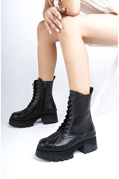 Deripabuc Genuine Leather Black Women's Serrated Platform Sole Leather Boots Trc-3001