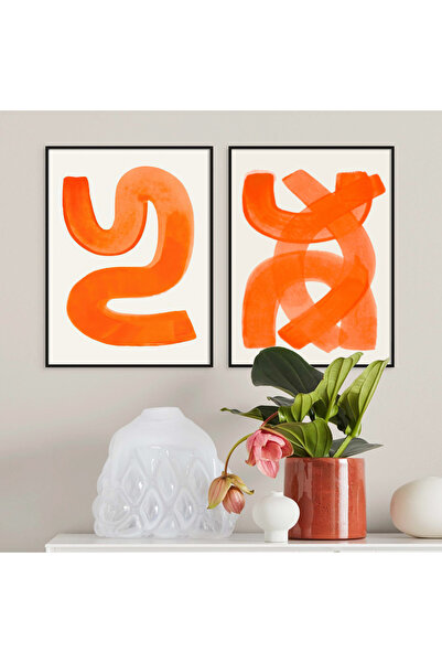 Linacci Double Black Aluminum Metal Frame Orange Circular Line Glass Poster Table Set