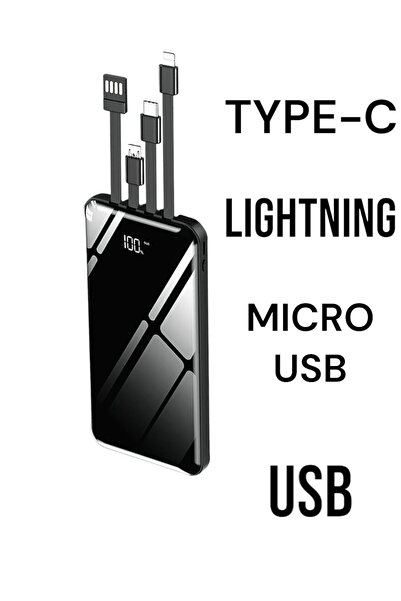 HOBİPİX Dijital Göstergeli 10000 mah Dahili Çoklu Kablolu Powerbank siyah taş...