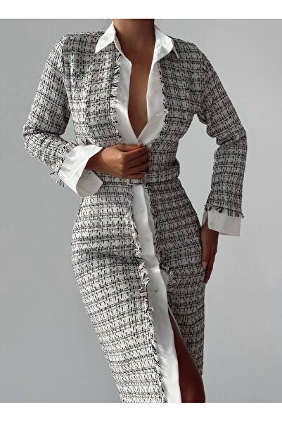 hillone Μίντι Φόρεμα με Ζώνη από Tweed