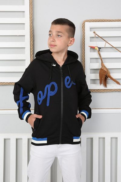 Elvinsa Black Blue Colored Hooded Seasonal School Boys' Sweat Coat with Zipper Pockets