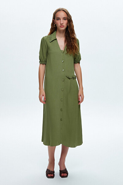 adL Önü Düğmeli Fırfırlı Elbise