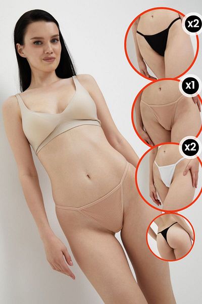 ALYA UNDERWEAR Women's Corduroy String Panties (S-M-L-XL) 2 Black, 2 White, 1 Powder, Pack of 5
