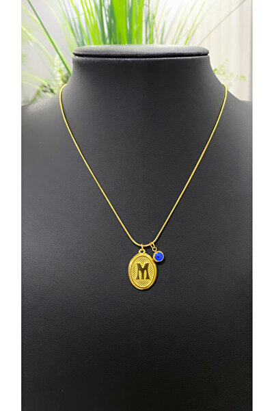 JustGAF Altın / Gold Renk Italyan Zincir Mavi Boncuk Detaylı 40 Cm M Harfli Ç...