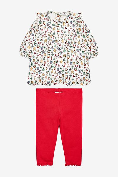 Next Baby Cotton Red Blouse Tights Top and Bottom Set
