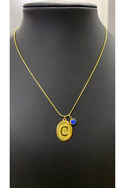 JustGAF Altın / Gold Renk Italyan Zincir Mavi Boncuk Detaylı 40 Cm C Harfli Ç...