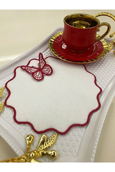 AYNAKIŞÇEYİZ Pachet de 6 șervețele de prezentare laterale de cafea din pâslă cu broderie cu model fluture 3D
