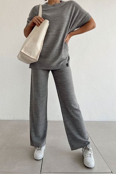 lovebox Sleeveless Round Collar Gray Knitwear Top and Pocket Detailed Gray Knitwear Trousers Gray Top and Bottom Set 070